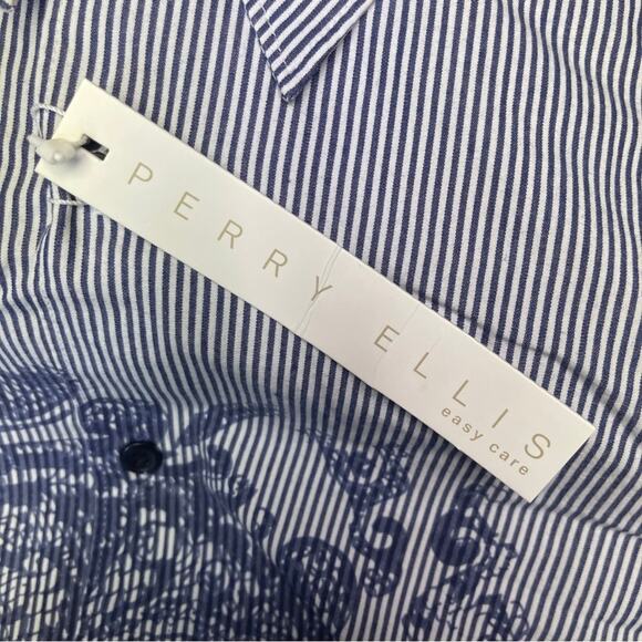 Perry Ellis long sleeve button up shirt party koi fish blue white stripe size S - Picture 5 of 6
